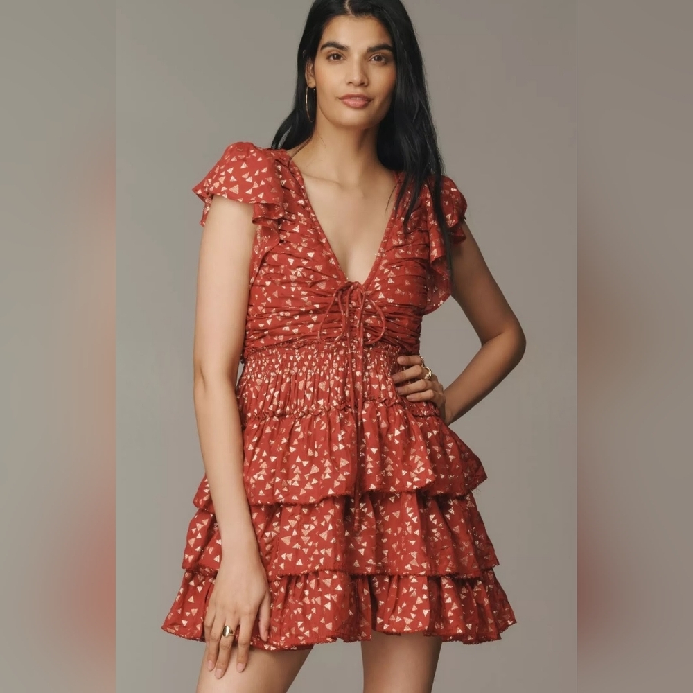 Anthropologie NWT Ruffled Gold Sparkle Red Short Sleeve Dress Size M